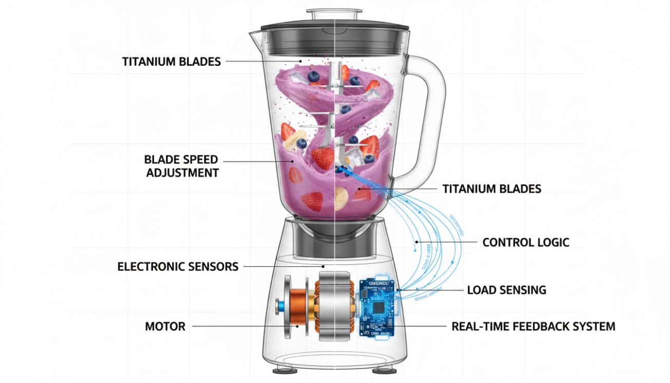 Smart blender control system with electronic sensors, load sensing, speed adjustment and real-time motor feedback.